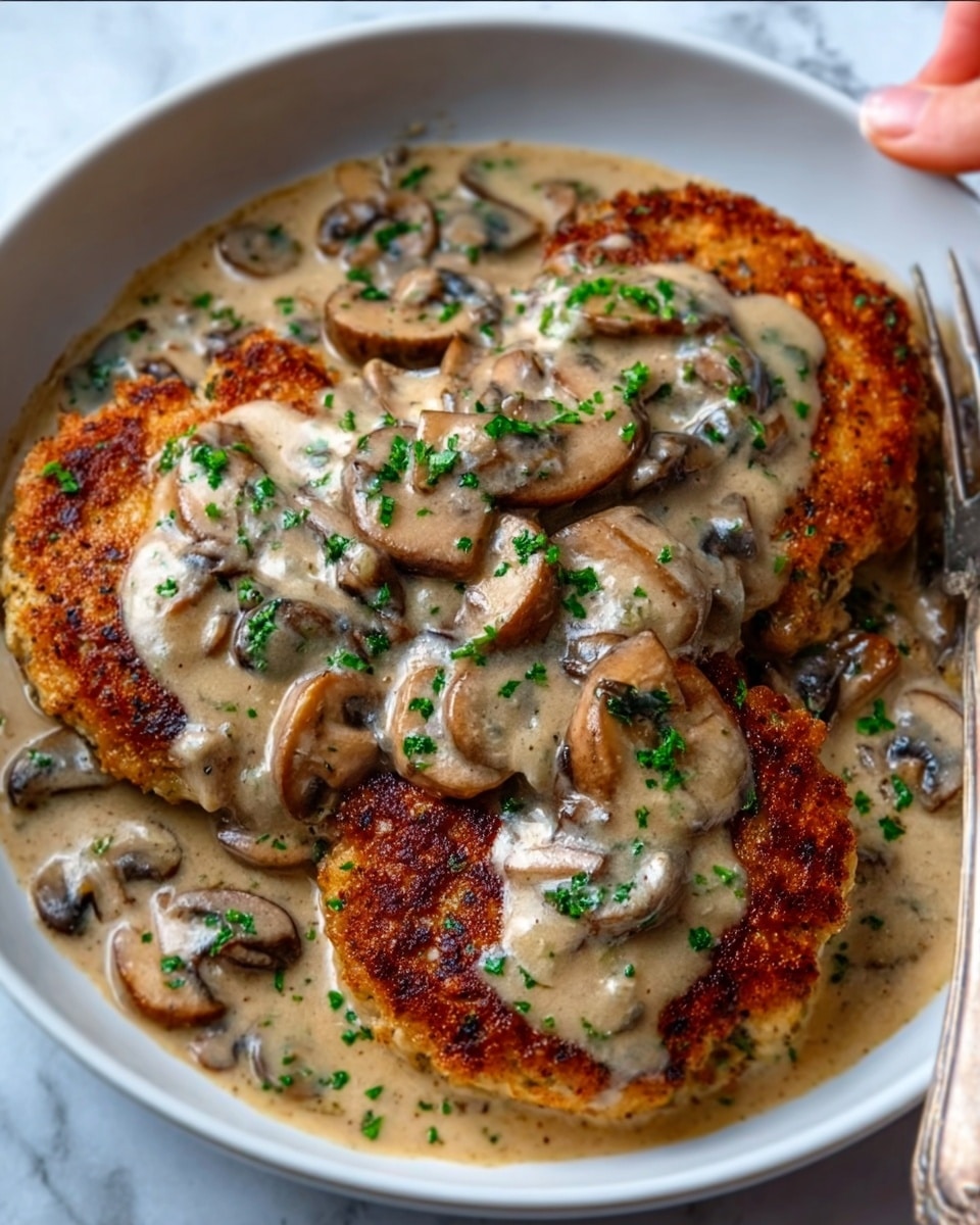 The image shows a white bowl filled with three golden-brown crispy patties placed closely side by side at the center. These patties are covered with a thick, creamy mushroom sauce, scattered with sliced brown mushrooms and small green herb bits on top, giving a fresh touch. The sauce looks smooth and slightly shiny, pooling around the patties, showing a mix of light beige and brown colors. The background is a white marbled surface, and a woman's hand holding a fork is seen on the right side, about to pick up some food. Photo taken with an iphone --ar 4:5 --v 7