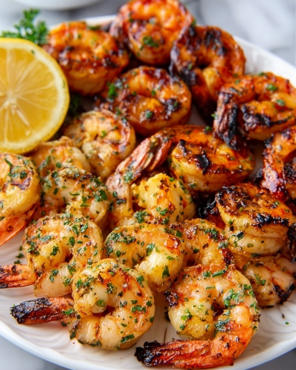 The image shows a white plate full of grilled shrimp, arranged in two neat rows. The shrimp are pinkish-orange with brown grilled marks, showing a slightly crispy texture and sprinkling of green herbs on top. On the upper right side of the plate, several yellow lemon wedges rest, some with a sprinkle of green herbs. The background surface is a white marbled texture, giving a clean and fresh look. photo taken with an iphone --ar 4:5 --v 7