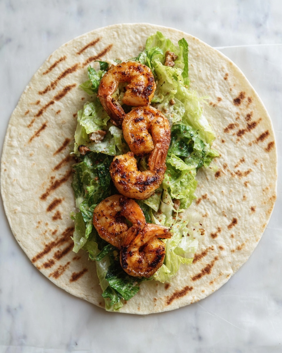 The image shows two wraps held close together, each filled with three orange grilled shrimp on top, resting on a creamy white sauce. There is a layer of fresh green spinach leaves below the shrimp, all wrapped in a soft, light beige tortilla. The texture of the shrimp looks slightly charred and juicy, while the creamy sauce is scattered with black pepper flakes. The wraps are held by a woman's hand above a white marbled surface. Photo taken with an iphone --ar 4:5 --v 7