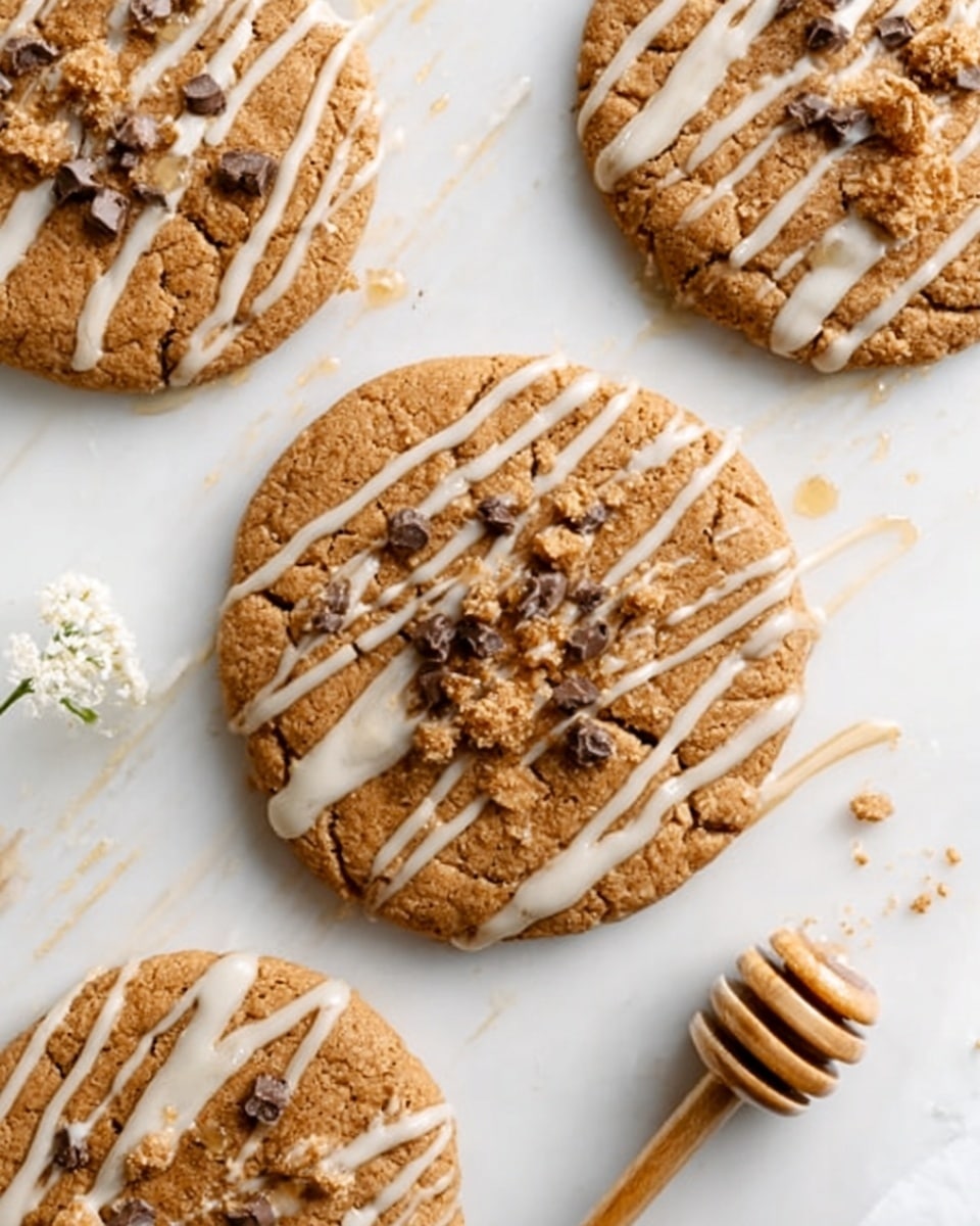 A close-up shot shows seven round cookies on white parchment paper, which is placed on a metal baking tray. Each cookie is light brown with a soft texture and has clumps of crumbly topping scattered on top, varying in size and shape. The cookies have small cracks, making them look homemade. Tiny crumbs surround the cookies on the parchment. The background is a white marbled surface. photo taken with an iphone --ar 4:5 --v 7