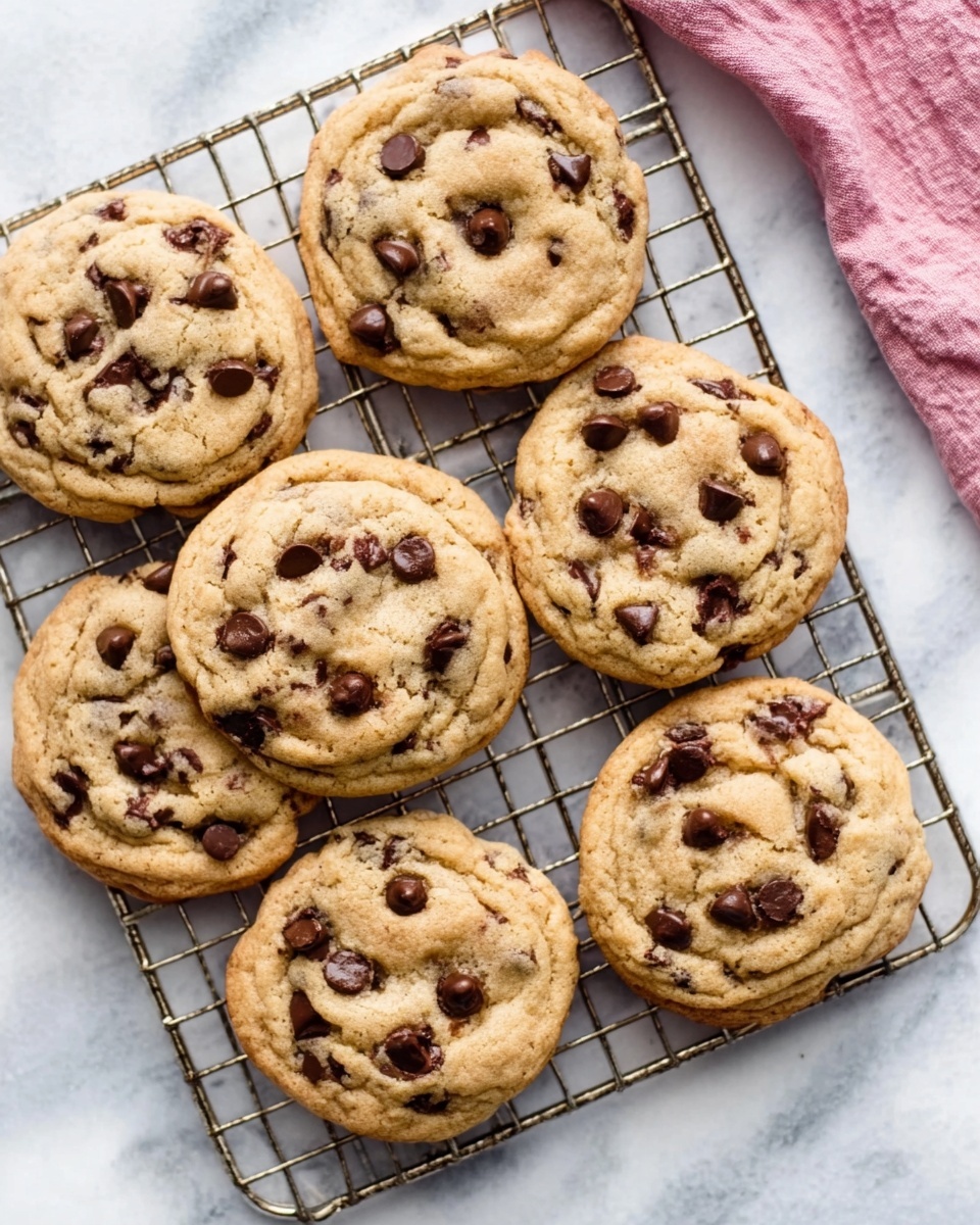 The image shows a close-up of freshly baked chocolate chip cookies in three places: five cookies on a silver baking tray lined with white paper, five cookies cooling on a metal wire rack, and one cookie being lifted off the rack by a spatula held by a woman's hand. The cookies are golden brown with scattered dark chocolate chips on top, slightly rounded and soft-looking. The silver tray is held by another person's hand wearing a pink oven mitt. A red measuring cup filled with white flour sits on a white marbled table covered partly by a vintage-style green and yellow tablecloth with floral and line patterns. The background also shows a folded yellow and white checkered cloth. photo taken with an iphone --ar 4:5 --v 7