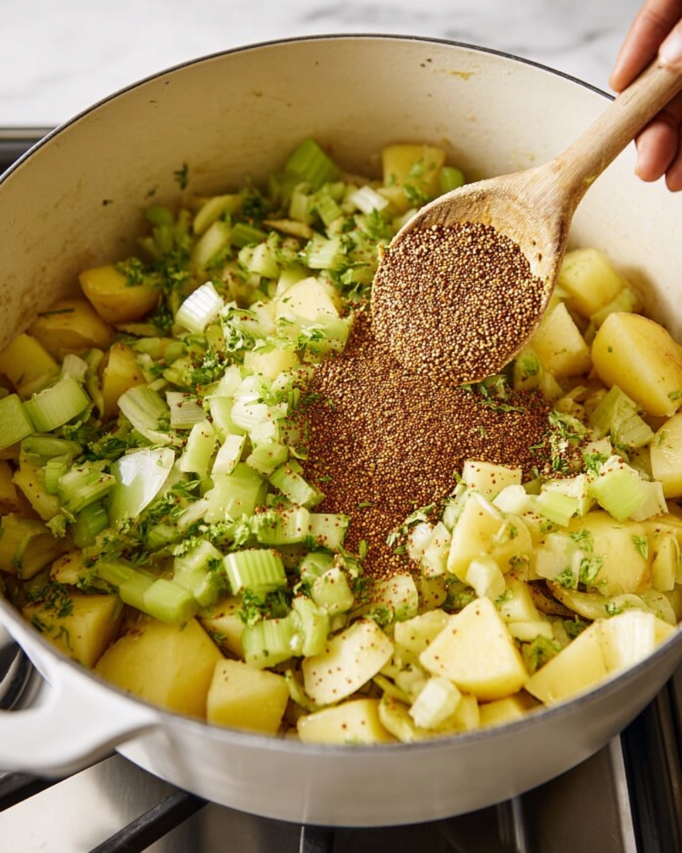 A large white pot filled with chopped potatoes, celery pieces, and fresh green herbs, all mixed together. On top, a wooden spoon held by a woman's hand is adding a thick layer of grainy brown mustard seeds, creating a contrast with the pale yellow potatoes and bright green celery. The pot sits on a stove, and the background surface is white with a marbled texture. The scene shows the moment when mustard is being stirred into the mixture, creating texture and color contrast. photo taken with an iphone --ar 4:5 --v 7