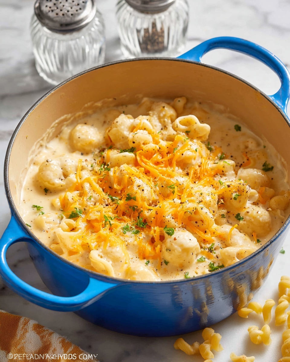 A blue pot with handles holds creamy macaroni and cheese with about three layers visible: the bottom layer is pale yellow creamy cheese sauce mixed with small curved macaroni pasta; the second layer shows more macaroni covered in thick cheese sauce; the top layer is bright orange shredded cheese sprinkled with small bits of green herbs and cracked black pepper. The pot sits on a white marbled surface with some uncooked macaroni scattered nearby. Two clear glass pepper and salt shakers are in the background. Photo taken with an iphone --ar 4:5 --v 7
