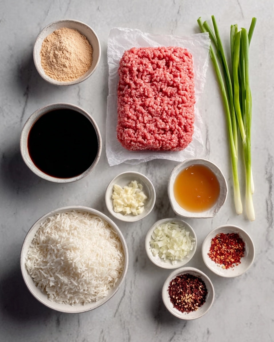 A flat white marble surface holds nine small white bowls and one wrapped piece of raw ground meat. In the center is a rectangular piece of bright pink raw ground meat on white paper. To its top left, a small white bowl with light brown powder is placed. Below that, a larger white bowl filled with soft cooked white rice is set. On the center left is a white bowl containing dark soy sauce. To the right side along the top, some fresh green onions lie. Around the raw meat, from top right moving clockwise, there is a small white bowl of light brown liquid, a small white bowl with a mix of red flakes and seeds, a smaller bowl with chopped white garlic, and between the soy sauce and the red flakes bowl, a small white bowl filled with light brown sugar. photo taken with an iphone --ar 4:5 --v 7