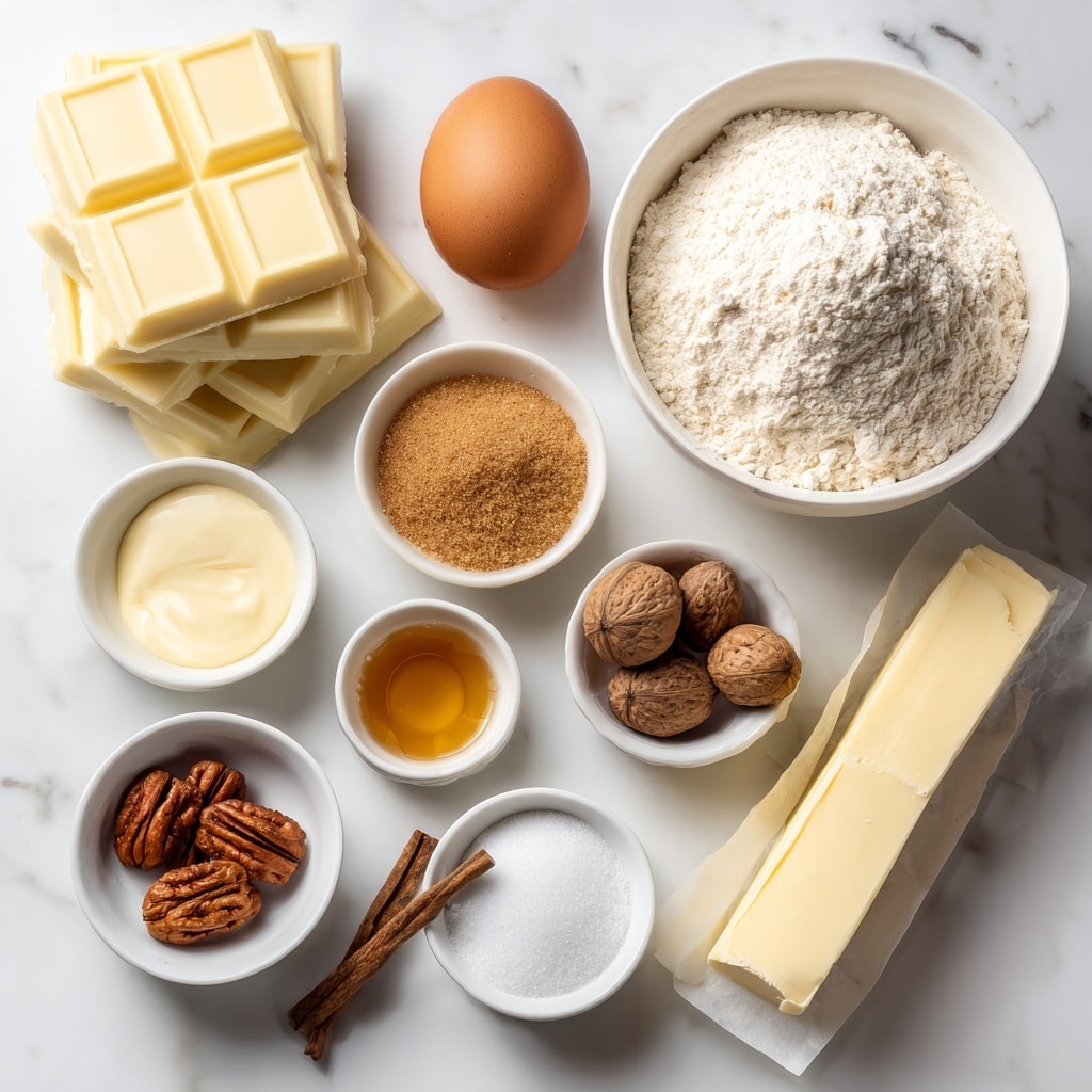 A collection of baking ingredients is arranged on a white marbled surface, featuring layers of white chocolate bars stacked on the top left with smooth, creamy texture and faint embossed designs. Below and to the left, there is a white bowl filled with white flour, showing a fluffy and powdery texture. A single brown egg with a matte shell rests near the center. Surrounding these are small white bowls holding different ingredients: a light beige liquid, brown sugar with a grainy and moist look, white granulated sugar, and fine white powder likely baking powder or salt. There is a small white dish with golden honey, and another white dish with ground cinnamon and two whole nutmegs, creating a dark brown and textured contrast. On the bottom right, a stick of butter wrapped in paper with one end partially open shows smooth pale yellow butter, and a small white cup at the bottom has a dark liquid resembling vanilla extract. All items are neatly spaced and shown clearly. photo taken with an iphone --ar 4:5 --v 7