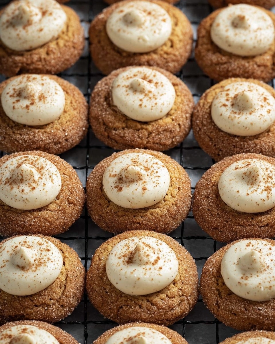 The image shows many round cookies arranged close together on a black cooling rack set on a white marbled surface. Each cookie has one main layer that is golden brown and covered with a fine dusting of cinnamon sugar, giving a slightly rough texture. On top of each cookie is a smaller dollop of smooth, creamy white frosting in the center, sprinkled lightly with some cinnamon powder. The cookies are evenly spaced in rows, creating a neat pattern. Photo taken with an iphone --ar 4:5 --v 7