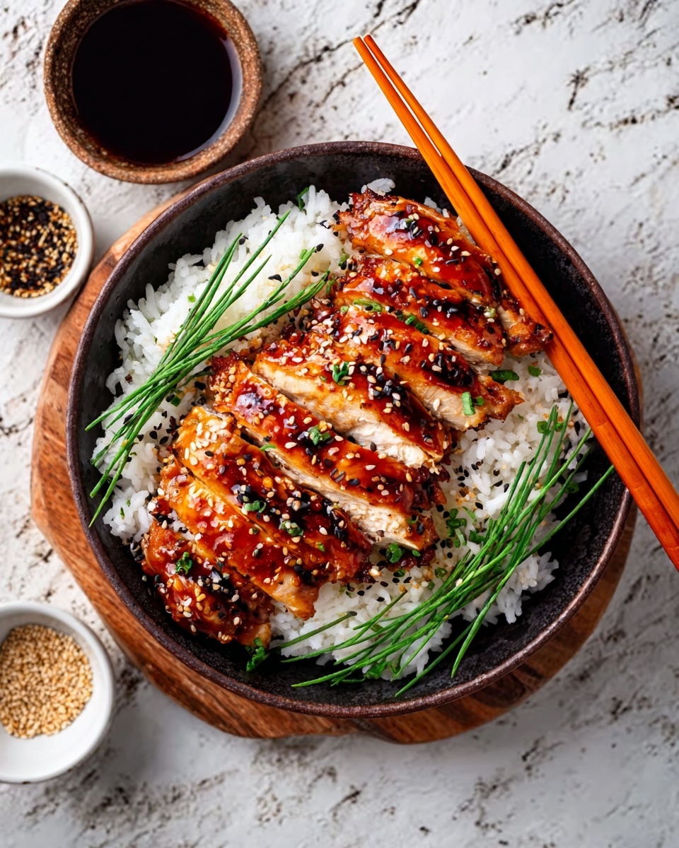 The image shows a round white bowl filled with white rice as the bottom layer. On top, there are several pieces of grilled chicken with a shiny reddish-brown sauce coating, arranged in a row on one side. Green chive stalks lay beside the chicken, adding a fresh pop of color. White sesame seeds sprinkle over the chicken and some on the rice. A pair of orange chopsticks rest on the edge of the bowl. Around the bowl, there is a small white bowl with dark sauce and another small white bowl with sesame seeds. The whole setting is on a white marbled surface. photo taken with an iphone --ar 4:5 --v 7