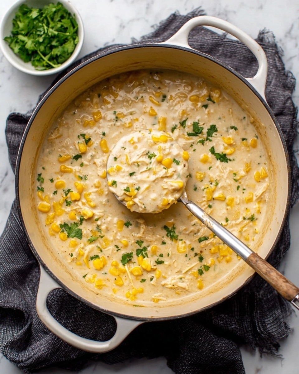 A large white pot filled with a thick creamy soup that has visible pieces of yellow corn, white rice, and small bits of green herbs mixed throughout. A metal ladle scoops up the soup, showing its dense, smooth texture and the mix of ingredients in layers of creamy white with yellow and green highlights. The pot sits on a dark cloth over a white marbled surface, with a small white bowl of fresh green herbs nearby. Photo taken with an iphone --ar 4:5 --v 7