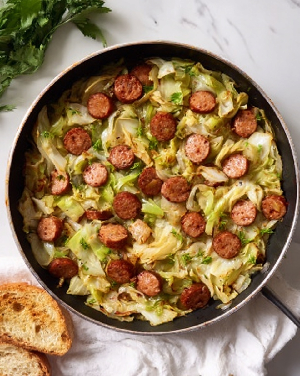 The dish shows a black pan filled with cooked cabbage and round sausage pieces. The cabbage is light green with some soft white parts, soft and slightly wilted, spread evenly across the pan. The sausages are sliced into small round pieces, brownish-red and slightly crispy, scattered mostly on top of the cabbage layer. The pan is placed on a white marbled surface with a white cloth slightly visible under one side. A few green leaves are seen at the top left corner, and part of toasted bread is visible on the bottom left corner. Photo taken with an iphone --ar 4:5 --v 7