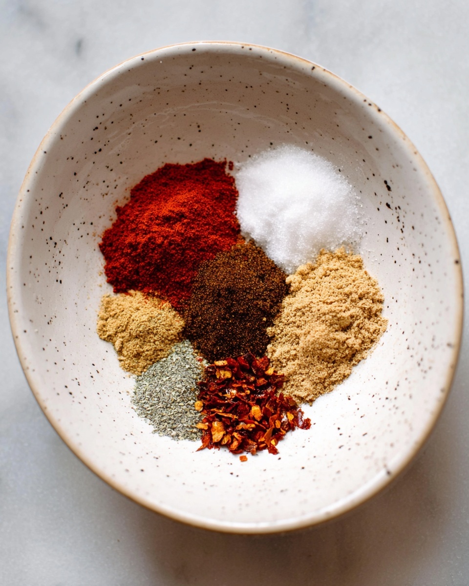 A white bowl with small dark speckles inside holds six separate small piles of spices arranged in a circle. The top pile is bright red with a powder texture, next to it on the right is a coarse white salt, below the salt is a light brown powder with a crumbly look, to its left is a dark brown dry spice powder, above that is a greenish-blue ground spice, and in the center near the red and white spices is a small pile of crushed red chili flakes. The bowl is placed on a white marbled surface. Photo taken with an iphone --ar 4:5 --v 7