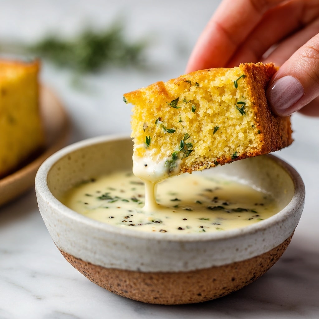 A piece of yellow cornbread with a soft texture and a light brown top layer is held by a woman's hand, dipped halfway into a smooth, white creamy sauce with small black herb bits. The background shows a white marbled surface blurred, and some green herbs are faintly visible in the far background. The focus is on the cornbread and its dipping action with the sauce. Photo taken with an iphone --ar 4:5 --v 7