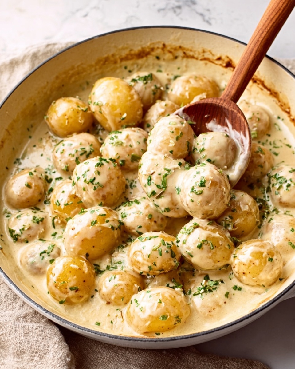 This image shows a round white pan filled with small round potatoes covered in a creamy white sauce with visible small green herbs sprinkled on top. The sauce has a smooth, thick texture, slightly coating the potatoes. A wooden spoon with a white round scoop is lifting some potatoes and sauce from the pan. The background is a white marbled surface with a beige cloth partially visible. Photo taken with an iphone --ar 4:5 --v 7
