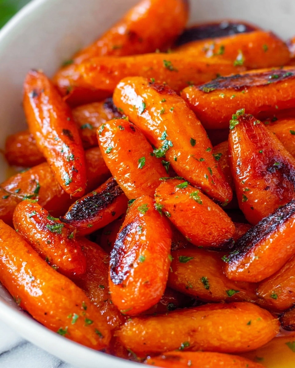 This image shows a white bowl filled with roasted baby carrots. The carrots are bright orange with some dark brown roasted spots, giving them a slightly charred texture. They look shiny as if coated with oil or glaze. Small green herb pieces are sprinkled evenly all over the carrots, adding a fresh touch of color. The bowl is on a white marbled surface. photo taken with an iphone --ar 4:5 --v 7