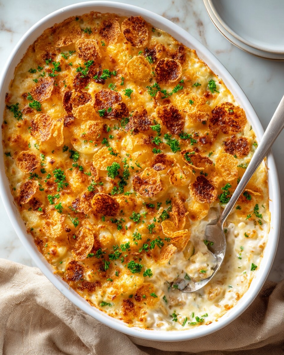 This image shows a white oval dish filled with a creamy casserole that has three layers visible from the top. The bottom layer is a smooth white sauce mixed with small bits that look like cooked vegetables or grains. The middle layer appears to be soft and creamy with hints of melted cheese, giving a slightly bumpy texture. The top layer is golden brown and crispy with thick crunchy chips scattered across, sprinkled with bright green parsley for a fresh look. A silver spoon rests partly inside the dish, scooping out some of the creamy filling, placed on a white marbled surface with a beige cloth partially visible underneath. photo taken with an iphone --ar 4:5 --v 7