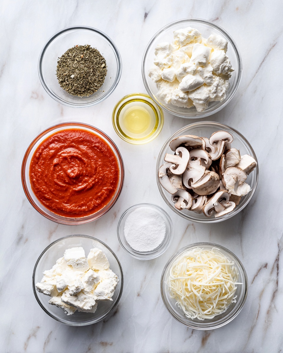 The image shows seven small glass bowls placed on a white marbled surface, each containing different cooking ingredients. Starting from the top left, the first bowl holds dried green herbs with a coarse texture. To its right, a larger bowl contains a bright red, thick tomato sauce with a smooth and slightly uneven texture. Below the herbs is a clear bowl with a small amount of light yellow oil. Next to it, a medium bowl is filled with chunky white cottage cheese. To the right of the cottage cheese, a bowl holds sliced brown mushrooms with visible gills in a fan shape. Below the oil bowl, a small bowl contains white baking powder. Near the mushrooms, a tiny bowl has white salt crystals. Finally, in the bottom right corner, a small bowl holds shredded white mozzarella cheese with a soft texture. photo taken with an iphone --ar 4:5 --v 7
