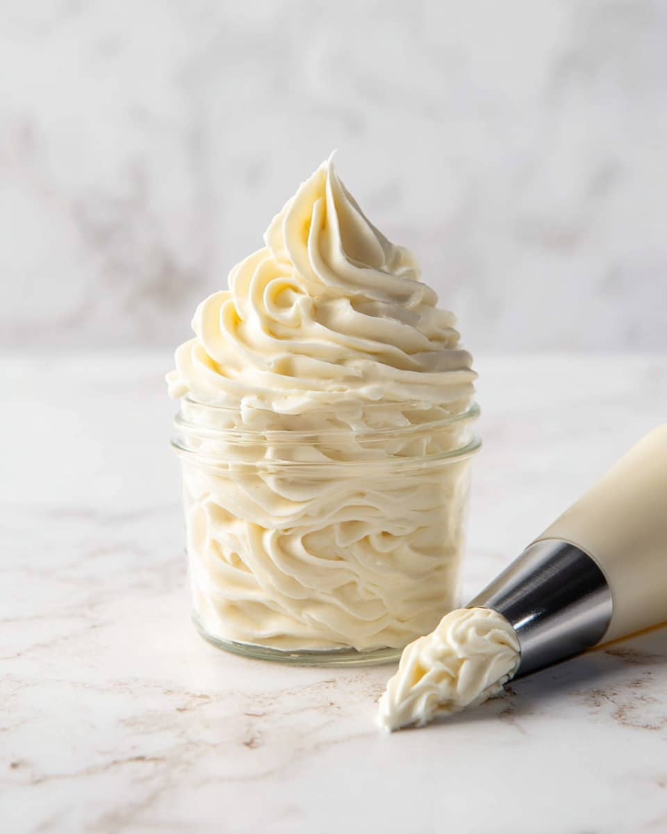 The image shows a small clear glass jar filled with soft, creamy off-white frosting piped in smooth swirls that form layers rising to a peak at the top. The texture looks light and fluffy with gentle curves and folds. The jar sits on a white marbled surface, and next to it is a piping bag with a metal tip, slightly out of focus. The frosting’s layers and swirls create a delicate, inviting look. Photo taken with an iphone --ar 4:5 --v 7