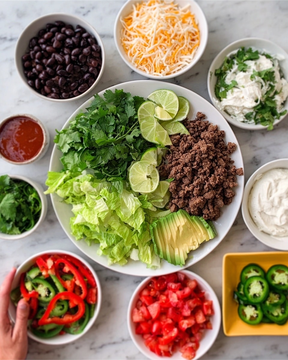 The image shows a white round plate in the center with several layers of fresh ingredients arranged separately: green lettuce leaves on the left, bright green cilantro and lime wedges on the top right, neatly sliced light green avocado slices below the lime, and small diced red tomatoes on the bottom right. Surrounding the plate, there are small white bowls holding cooked dark brown ground meat on the bottom left, black beans on the top left, shredded white and orange cheese on the top middle, and creamy white sour cream mixed with green herbs on the top right. On the bottom right is a white bowl with cooked red and green sliced peppers. There is also a small yellow square bowl with green jalapeño slices near the bottom center and a small white bowl of red sauce on the left. The whole setup is on a white marbled surface and a woman's hand reaches in from the right side. photo taken with an iphone --ar 4:5 --v 7