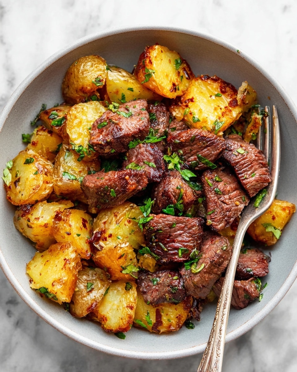 A bowl filled with two main layers: the bottom layer is made of golden-brown roasted potatoes with a slightly crispy texture and scattered green herb bits, while the top layer consists of tender, medium-browned steak pieces with a juicy surface and sprinkled fresh green herbs. A silver fork rests on the edge of the white bowl, partially inside the food. The bowl sits on a white marbled surface. photo taken with an iphone --ar 4:5 --v 7