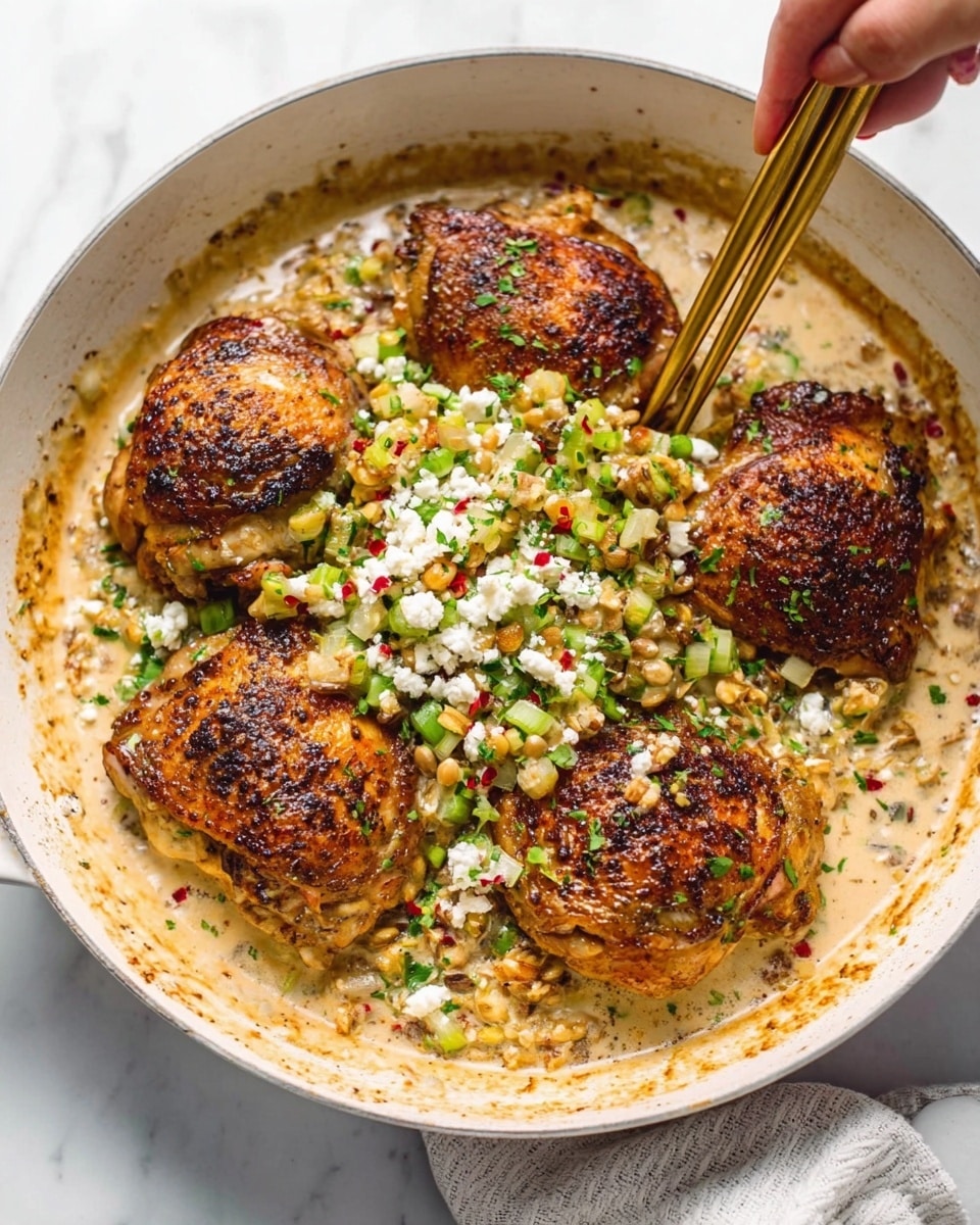 The image shows a white shallow pan filled with four large browned chicken pieces with crispy skin on top. The chicken sits on a creamy sauce with a smooth texture, light beige color covering the bottom of the pan. On top of the chicken there is a layer of small green vegetable pieces mixed with white crumbled cheese and some red tiny bits, adding color and texture contrast. A white marbled surface holds the pan, and a pair of golden chopsticks rests on the edge. A woman's hand is holding one chopstick gently above the chicken. photo taken with an iphone --ar 4:5 --v 7