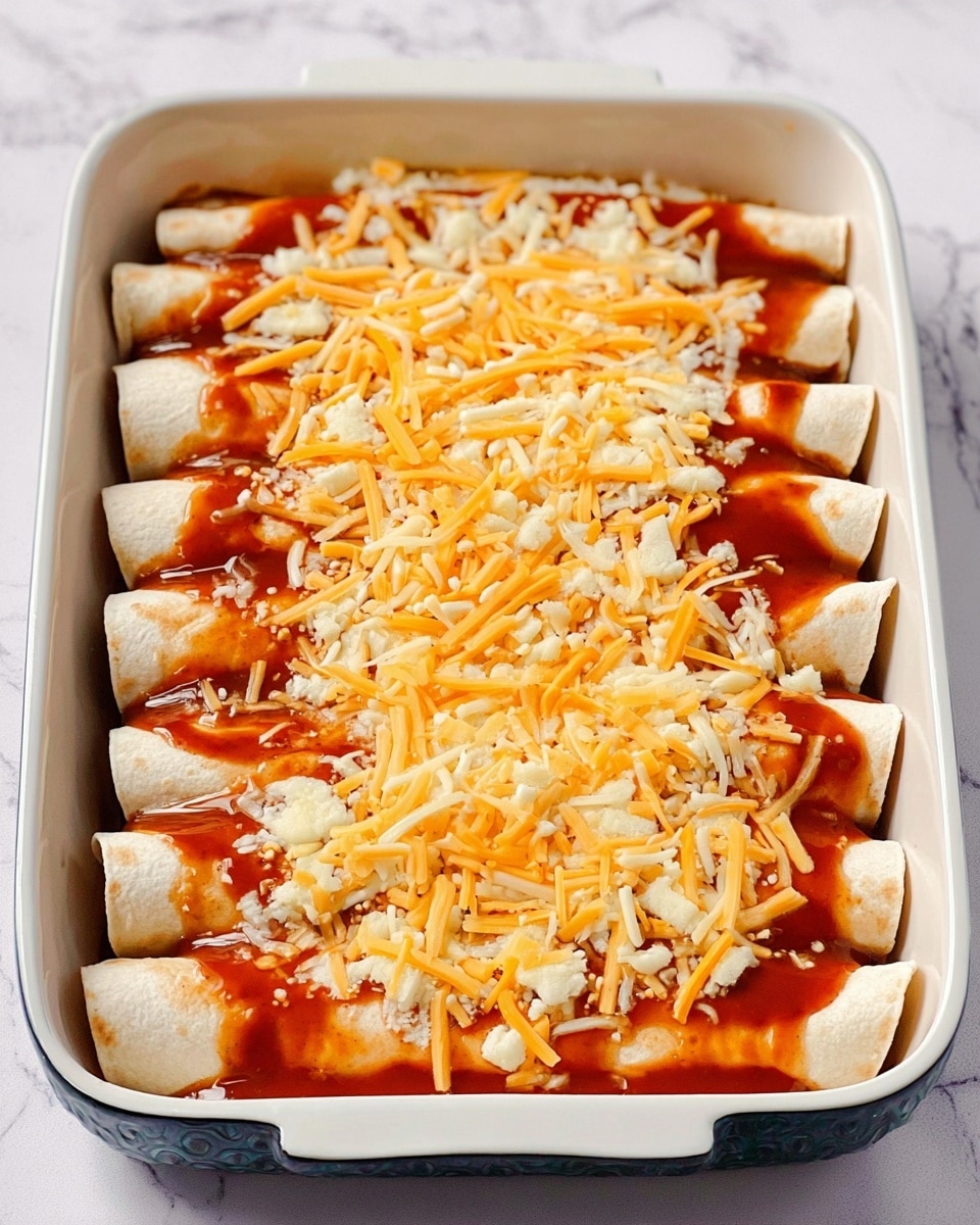The dish shows a white rectangular baking dish filled with rolled tortillas neatly lined up in a single layer, covered with a reddish sauce drizzled evenly across the tortillas. On top, there is a thick layer of shredded cheese in pale yellow and light orange colors, spread generously over the sauce. The texture of the tortillas is soft and smooth, and the sauce adds a glossy look. This setup sits on a white marbled surface. Photo taken with an iphone --ar 4:5 --v 7
