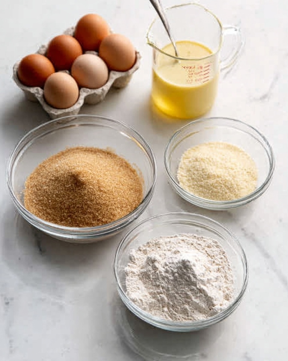 Cinnamon Sugar Blondies Recipe 4 The image shows four clear glass bowls on a white marbled surface, each containing different baking ingredients. The first bowl at the front left is filled with light brown sugar that has a soft, granulated texture. To the front right, the second bowl contains fine, pale beige flour. Behind these, a third bowl holds a slightly yellow, finely granulated ingredient, likely yeast. The fourth bowl, towards the back, is a tall clear glass measuring jug with melted butter or some yellow liquid inside, with a spoon resting in it. To the back left, there is a light brown carton holding four brown eggs visible from above. Everything is arranged neatly in a simple and bright kitchen scene. photo taken with an iphone --ar 4:5 --v 7