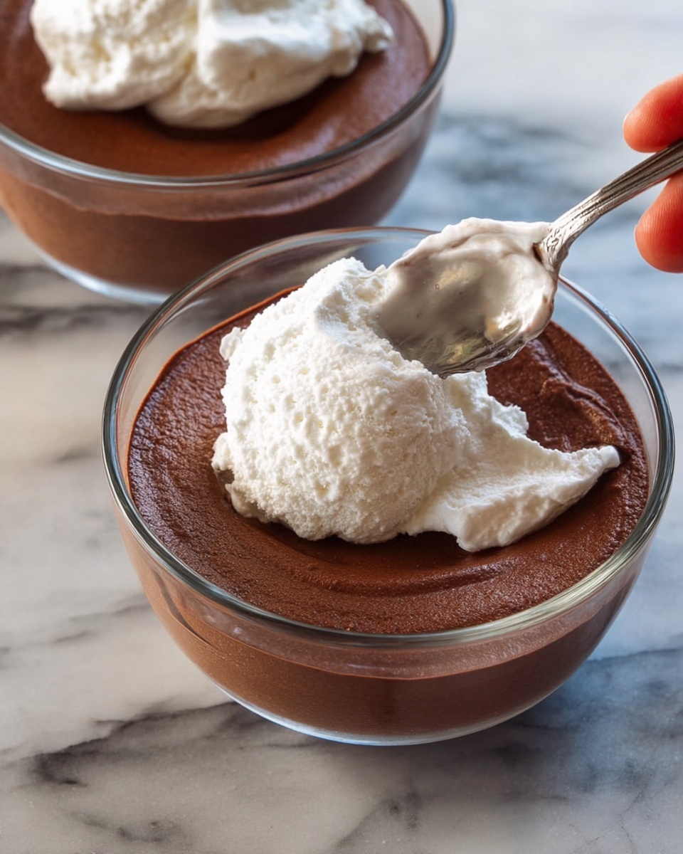 The dish shows two clear glass bowls with two layers each; the bottom layer is smooth, rich, dark brown chocolate mousse, while the top layer is a scoop of creamy white vanilla ice cream that slightly melts over the mousse. The bowls are placed on a white marbled surface with a silver spoon nearby, showing reflections and a woman’s hand just holding the spoon. The contrast between the dark mousse and light ice cream creates a simple yet inviting look. photo taken with an iphone --ar 4:5 --v 7