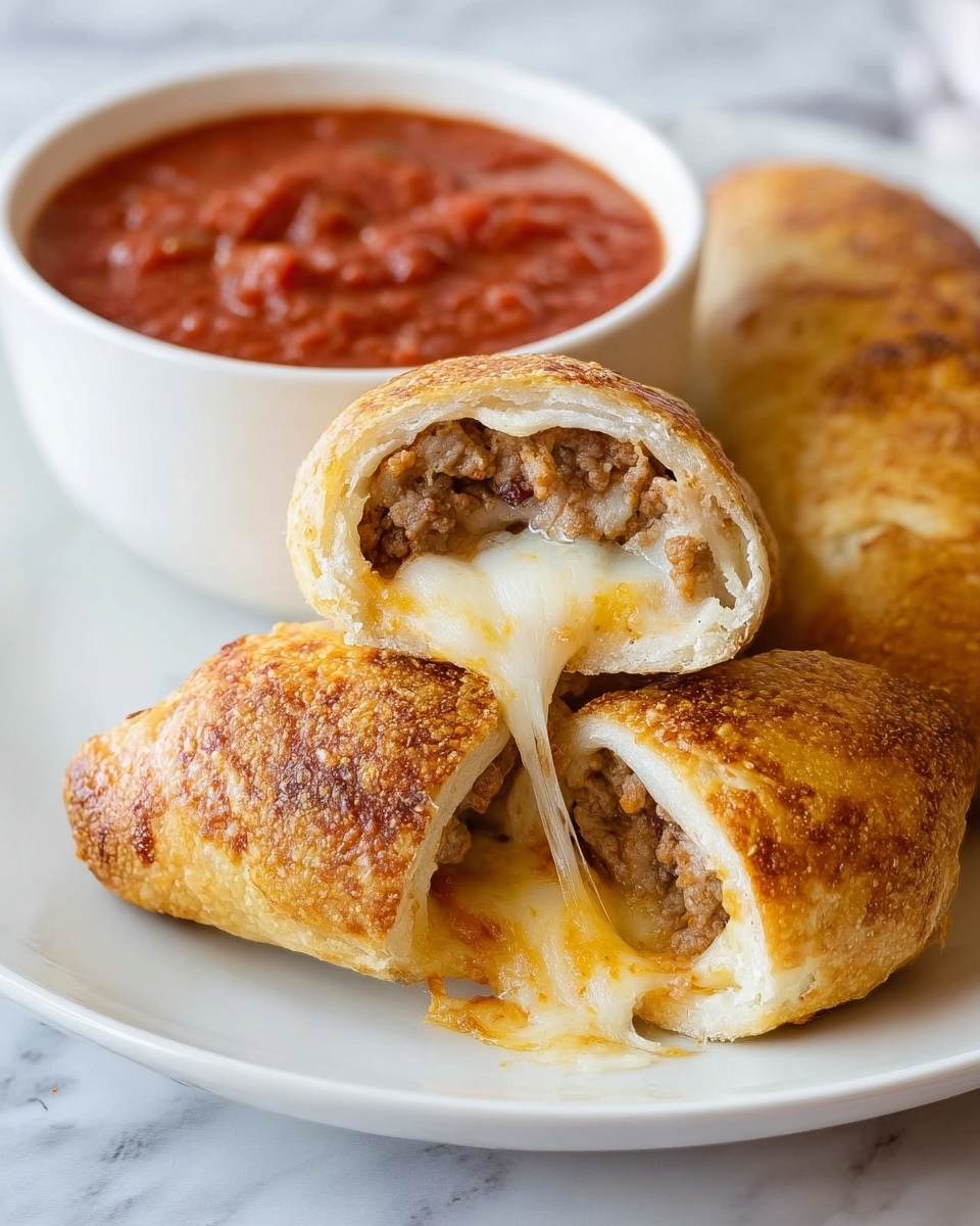 The image shows a white plate on a white marbled surface holding a golden-brown stuffed roll with a crispy texture. On top of the whole roll is one cut roll, split in half to reveal the inside layers: the outer light golden crust, followed by a layer of melted stretchy cheese, and a filling of minced cooked meat. Behind the rolls, there is a white bowl filled with chunky red tomato sauce. The melted cheese stretches visibly between the two halves of the cut roll, highlighting a gooey texture. Photo taken with an iphone --ar 4:5 --v 7