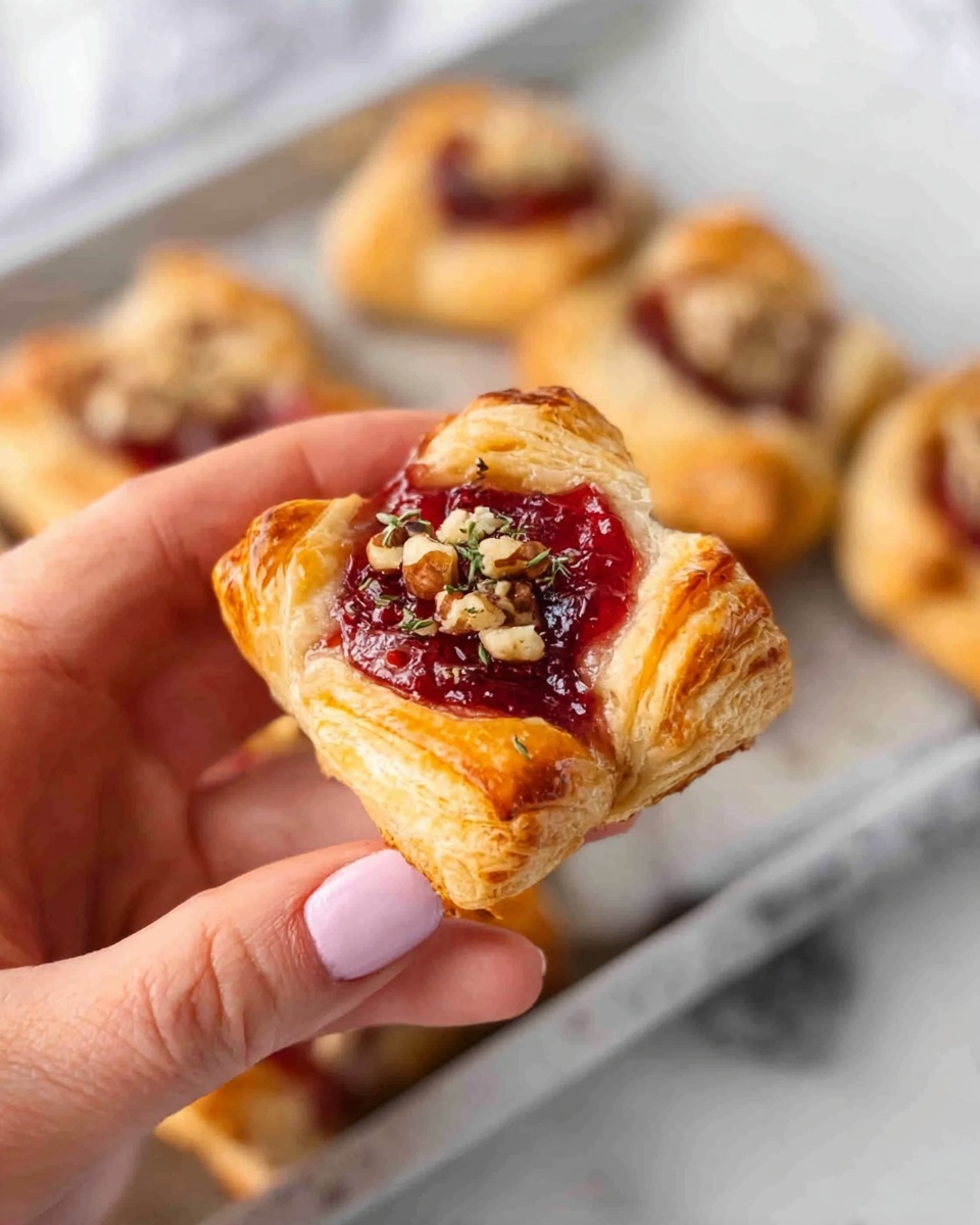 Baked Cranberry Brie Bites Recipe 4 A close-up view of a woman's hand holding a small, square-shaped pastry with golden, flaky layers. The top layer is folded slightly inward, showing a glossy red fruit jam filling that looks thick and shiny. On top of the jam, there are small pieces of chopped nuts scattered evenly, adding texture. In the background, on a white marbled surface, a white baking tray holds several more pastries with the same color and toppings. The overall look is warm and inviting with soft natural light. photo taken with an iphone --ar 4:5 --v 7