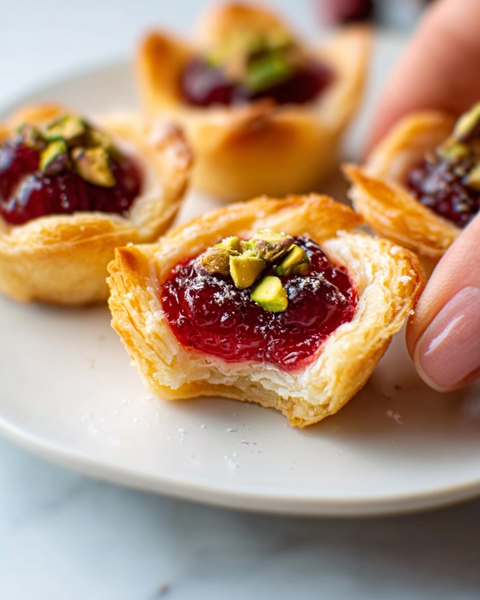Baked Cranberry Brie Bites Recipe 5 The image shows small tarts on a white plate placed on a white marbled surface. Each tart has golden, flaky layers that curl upwards, creating a crispy but soft texture. Inside the tart, there is a thick, bright red filling that looks smooth and shiny. On top of the filling, some green pistachio nuts are scattered, adding a fresh color contrast and rough texture. A woman’s hand is gently holding one tart, showing the detailed layers of the pastry. The lighting is natural, highlighting the shine on the filling and the crispness of the tart shells. photo taken with an iphone --ar 4:5 --v 7