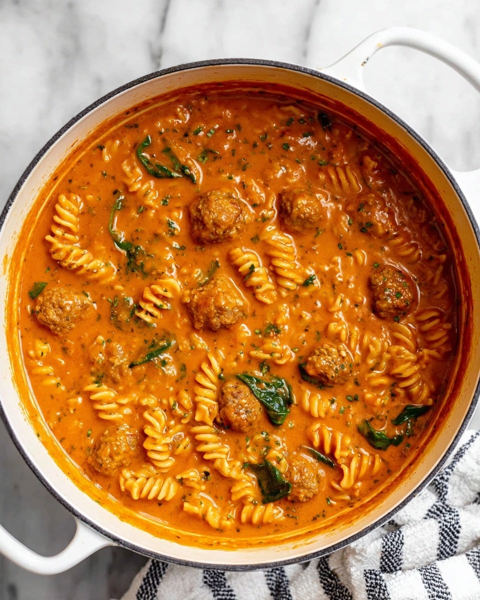 A white pot filled with creamy orange tomato sauce with visible herbs mixed inside. The sauce covers spiral rotini pasta, scattered evenly throughout. Small round brown meatballs are spread in the sauce, some partially submerged and some fully visible. Pieces of chopped green spinach are mixed in small amounts, adding a fresh contrast to the orange sauce. The pot sits on a white marbled surface with part of a white and black striped cloth near the bottom side. The photo taken with an iphone --ar 4:5 --v 7