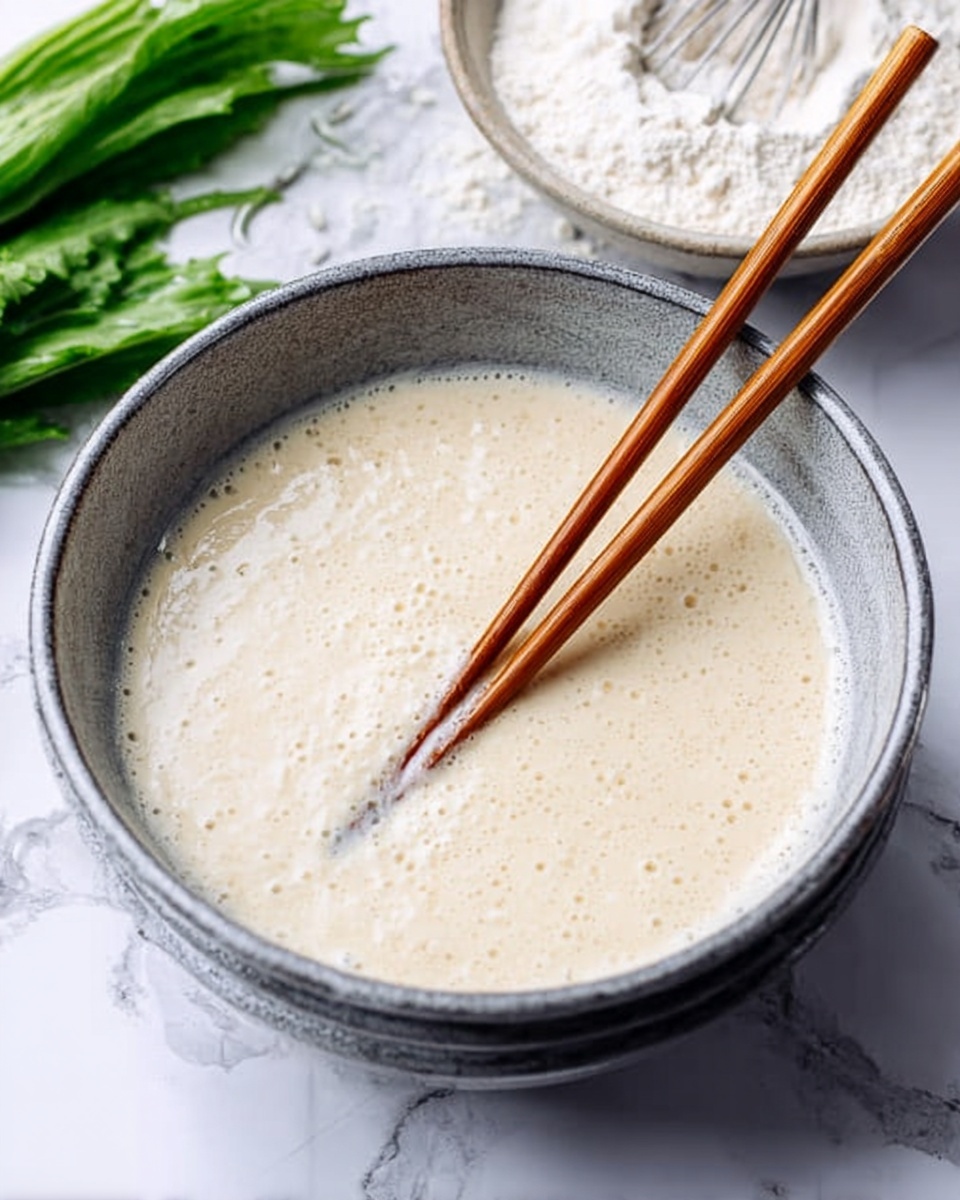 A close-up image showing a gray bowl filled with a creamy, light beige batter that has a smooth and slightly bubbly texture. Two wooden chopsticks are resting inside the bowl, slightly dipped into the batter. The bowl is placed on a white marbled surface, and part of a green leafy vegetable and a white bowl with flour are visible blurred in the background. Photo taken with an iphone --ar 4:5 --v 7