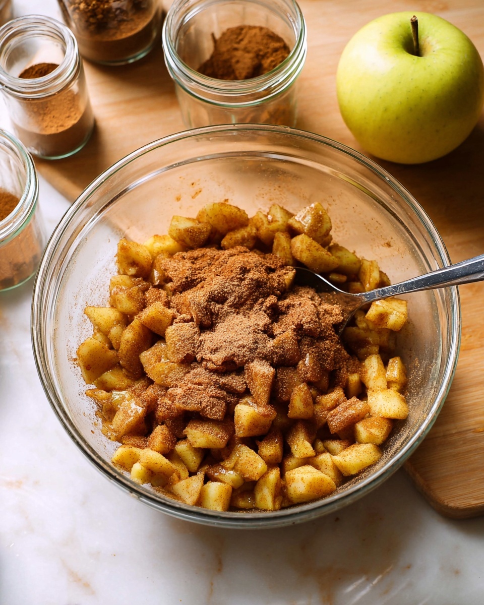 A clear glass bowl filled with small, rough apple pieces mixed with a generous layer of brown cinnamon and sugar powder covering them evenly. The apple pieces are yellowish with a rustic texture and sit in the bowl with a metal spoon partially buried inside. Behind the bowl is a whole yellow-green apple, and around the bowl are small glass jars and containers with light brown spices on a white marbled surface. The photo is taken from above, focusing on the bowl of mixed apple filling photo taken with an iphone --ar 4:5 --v 7