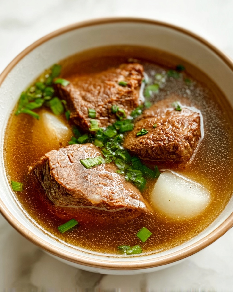 The image shows a white bowl filled with clear brown soup, containing three large pieces of cooked brown meat that have a slightly rough texture. Floating in the soup are green chopped herbs scattered on top. There is also a white, round vegetable piece partially submerged in the broth. The bowl is placed on a white marbled surface, with a soft natural light highlighting the textures of the ingredients. The photo taken with an iphone --ar 4:5 --v 7