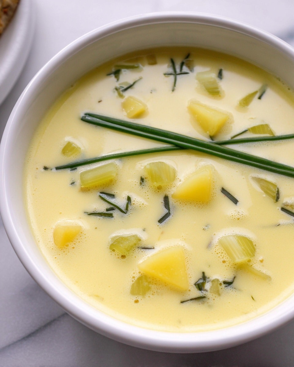 This image shows a white bowl filled with creamy yellow soup that has a smooth texture with small bubbles on the surface. Floating inside the soup are chunks of light yellow potatoes, pale translucent onion pieces, and green celery bits. Two long, thin green chive stalks lie across the top from one side to the other, with tiny dark green herb leaves scattered throughout the soup. The bowl sits on a white marbled surface, and the background is softly blurred. Photo taken with an iphone --ar 4:5 --v 7