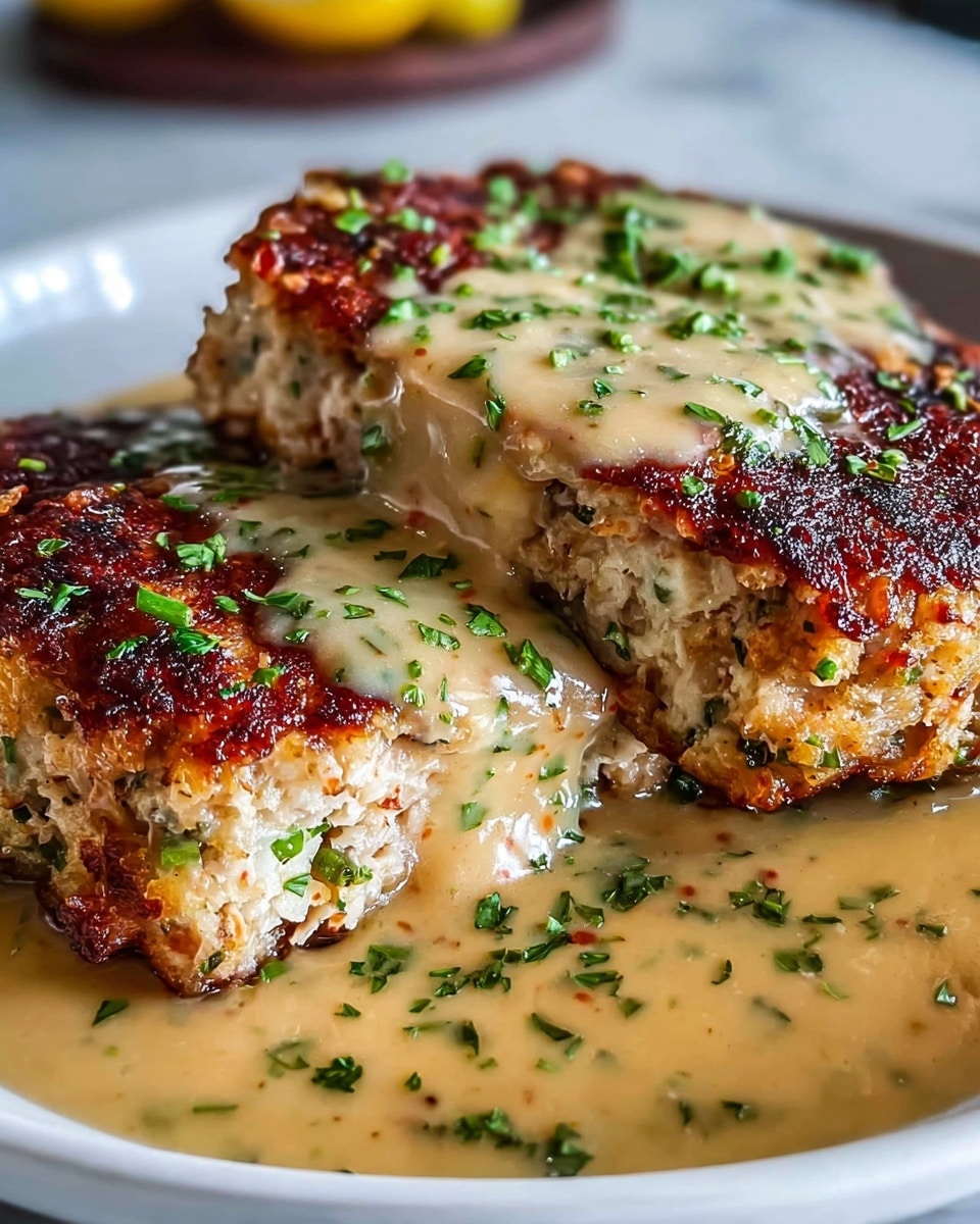 The image shows two meatloaf loaves on a black tray, each topped with melted cheese that is golden brown with some crispy edges, and sprinkled with finely chopped green herbs. The texture of the meatloaf is slightly rough with visible bits of vegetables and seasoning inside. The loaves are thick and slightly rounded on top. The scene is lit warmly, highlighting the juicy and cooked surface of the meatloaf. The background is a white marbled texture with a blurred plate of food in the back. photo taken with an iphone --ar 4:5 --v 7
