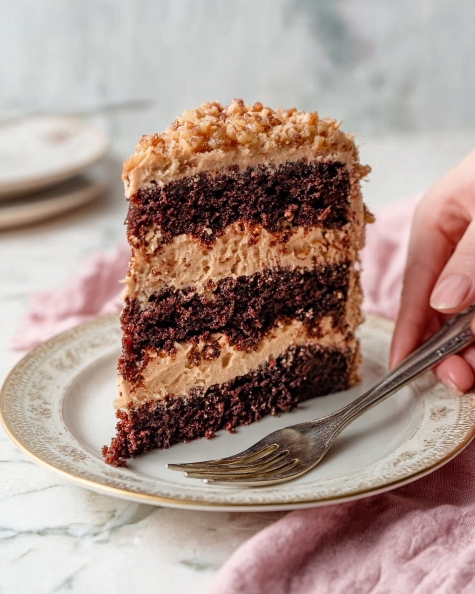 A three-layer chocolate cake slice sits on a white plate with a delicate gold rim, topped and filled with a light brown frosting mixed with small nut pieces, creating a textured look. The cake layers are dark, moist, and thick, alternating evenly with the creamy, nutty frosting layers. A woman's hand holds the plate gently, and a silver fork rests on the plate in front of the cake slice. The background is a white marbled surface with a soft pink cloth nearby. The overall feel is cozy and inviting, showing the rich details of the cake and frosting clearly. photo taken with an iphone --ar 4:5 --v 7
