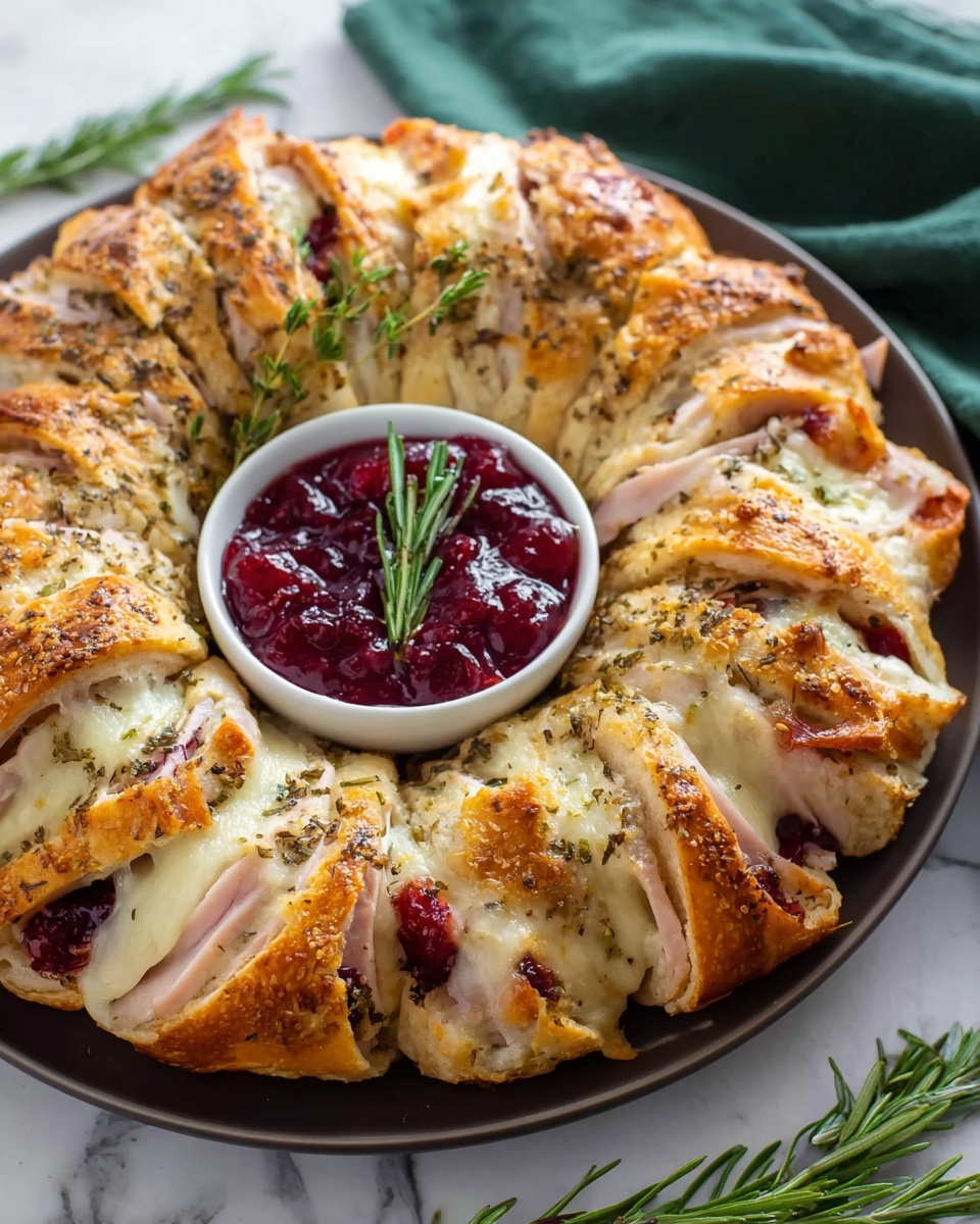 The image shows a round pastry topped with layers of thinly sliced turkey arranged in a circular pattern. On top of the turkey, there are dollops of bright red cranberry sauce scattered evenly around the ring. The pastry base is a light golden color with sections stretching outward like star points, each with a delicate flaky texture. The dish is placed on a white plate, all set on a white marbled surface. The arrangement looks fresh and colorful with a combination of soft textures and vibrant red contrasts. photo taken with an iphone --ar 4:5 --v 7