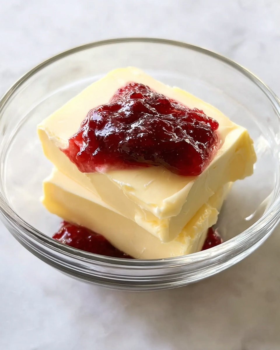 A clear glass bowl holds two thick, soft blocks of pale yellow butter placed close together in the center. On top of the butter, there is a bright red, textured jam that spreads slightly onto the bowl's surface, contrasting with the smooth butter underneath. The background shows a white marbled texture, adding a clean and elegant feel. photo taken with an iphone --ar 4:5 --v 7