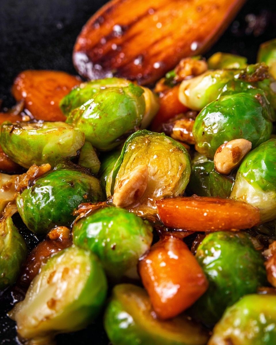 A close-up view of a cooked dish shows bright green Brussels sprouts with a shiny, caramelized surface mixed with golden brown slices of carrots and small browned pieces of nuts, all glistening with a rich sauce. Behind these colorful vegetables is a larger piece of golden brown cooked food that looks soft and moist, creating a mix of textures and warm colors on a black pan surface. The colors are vibrant with a nice contrast between the green vegetables, orange slices, and the brown base layer. photo taken with an iphone --ar 4:5 --v 7