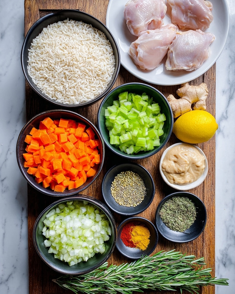 The image shows several bowls and items arranged on a wooden tray with a white marbled background. There are seven bowls: one filled with white rice grains, one with bright orange diced carrots, one with pale green chopped celery, one with white chopped onions, two black bowls with spices – one holding green herbs with small piles of red and yellow powders, and the other containing two beige dollops of a paste. On a white plate at the top right, there are five pieces of raw chicken. Around the bowls, there is a whole lemon, garlic, a chunk of ginger, and a sprig of fresh rosemary. Photo taken with an iphone --ar 4:5 --v 7