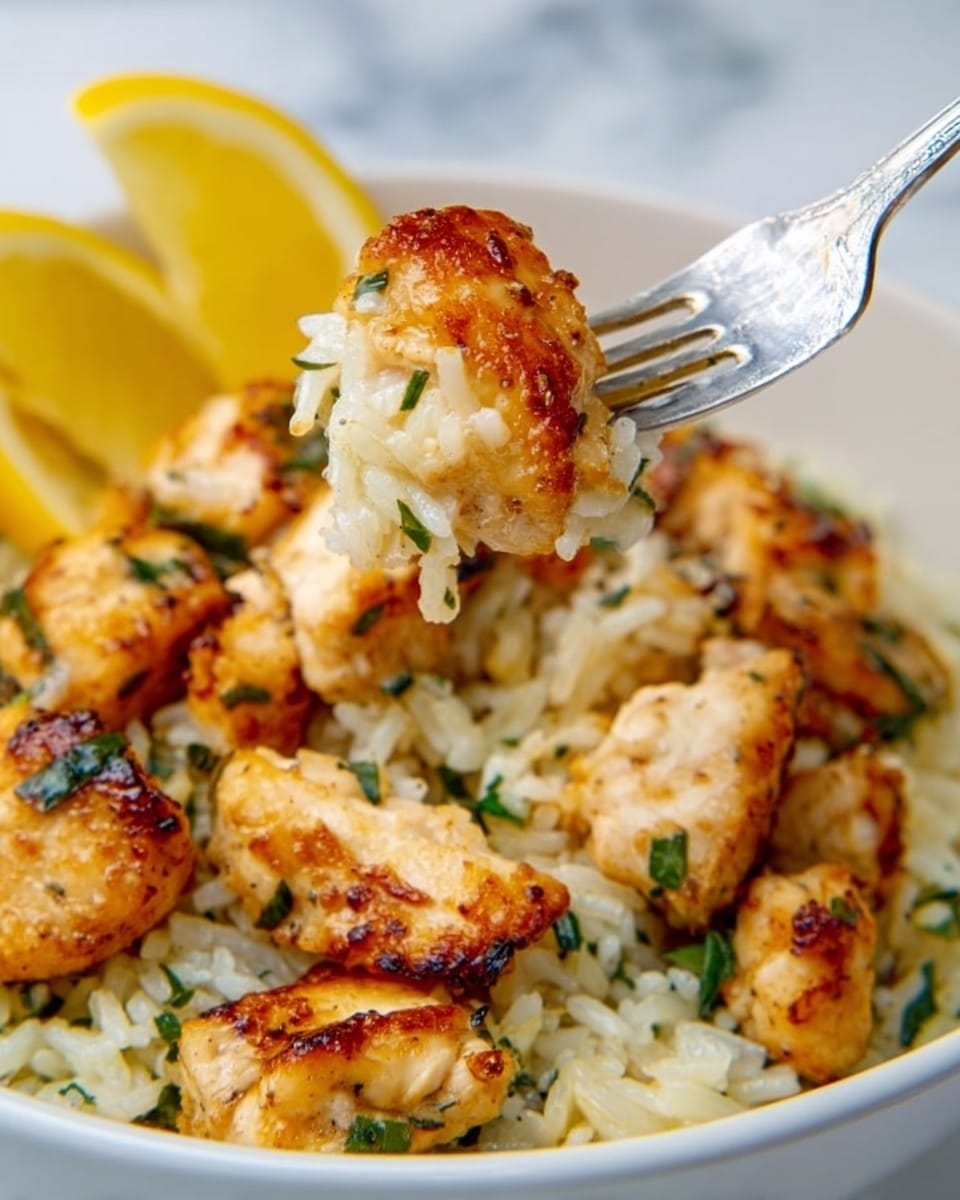 A close-up image shows a fork lifting a bite of golden-brown cooked chicken pieces mixed with white rice and small green herb leaves from a white bowl. The chicken pieces have a seared texture with some crispy edges, and the rice looks soft and slightly fluffy. In the blurred background of the bowl, there are wedges of bright yellow lemon adding color contrast. The bowl sits on a white marbled surface. The photo taken with an iphone --ar 4:5 --v 7