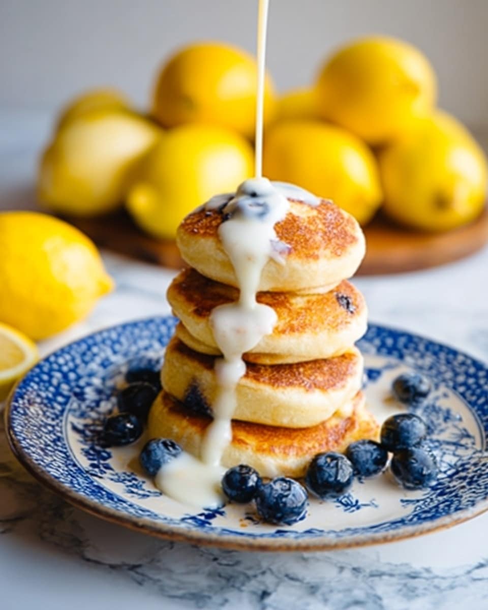 A stack of golden brown round pancakes sits on a white plate with a blue and white patterned rim, presented on a white marbled surface. The pancakes are arranged in a pyramid shape with about three layers, each pancake fluffy and slightly uneven with a soft crust on top. A thick drizzle of white cream flows down from the top pancake, creating a smooth contrast against the warm tones. Scattered blueberries decorate the base and middle layers, adding small dark blue spots of color. In the background, there are bright yellow whole and halved lemons adding a fresh, vibrant touch. Photo taken with an iphone --ar 4:5 --v 7