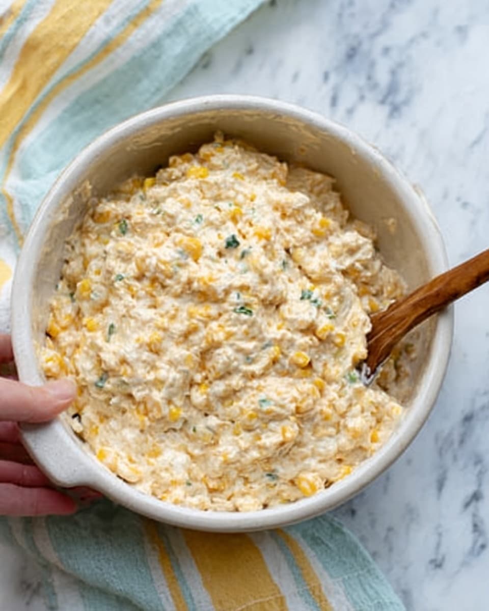 The image shows a white ceramic bowl filled with a creamy, chunky mixture that looks like a dip or salad. The mixture has a pale yellow color with visible small pieces of corn, green herbs, and bits of something orange, possibly carrots or cheese. A wooden spoon is placed inside the bowl with the handle leaning on the edge, and a woman's hand is holding the spoon. The bowl sits on a white marbled surface, with a light blue and yellow striped cloth partially visible in the background. The overall texture looks soft and thick with a mix of smooth and small solid bits. photo taken with an iphone --ar 4:5 --v 7