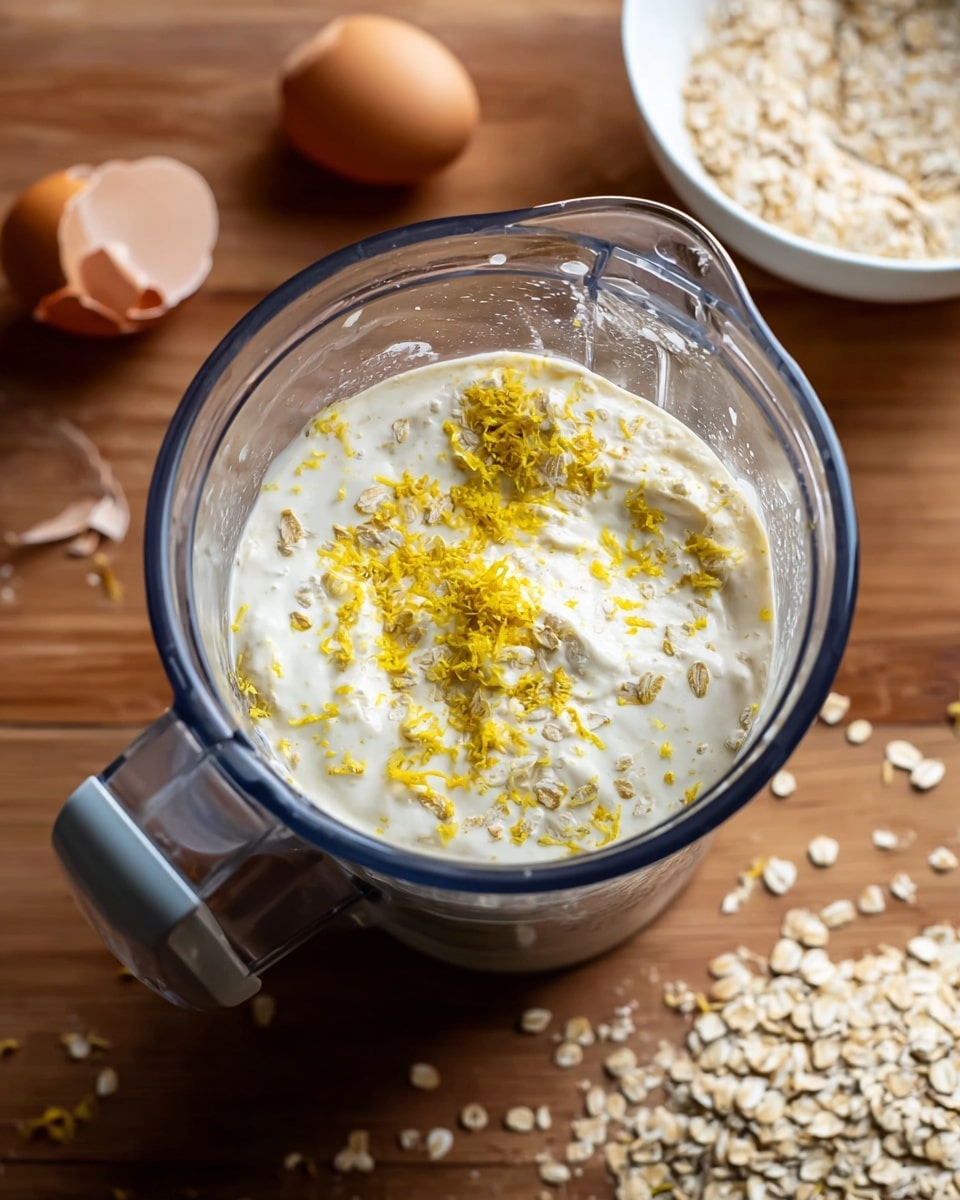 A clear blender jar sits on a wooden surface with creamy white mixture inside, topped with yellow lemon zest scattered on the surface and mixed within. Outside the blender, to the left, there are two brown eggs and a broken eggshell, while to the right, a white bowl holds some oats, and some oats are spilled loosely on the wooden surface. The wooden background contrasts with the creamy mixture inside the transparent blender. photo taken with an iphone --ar 4:5 --v 7