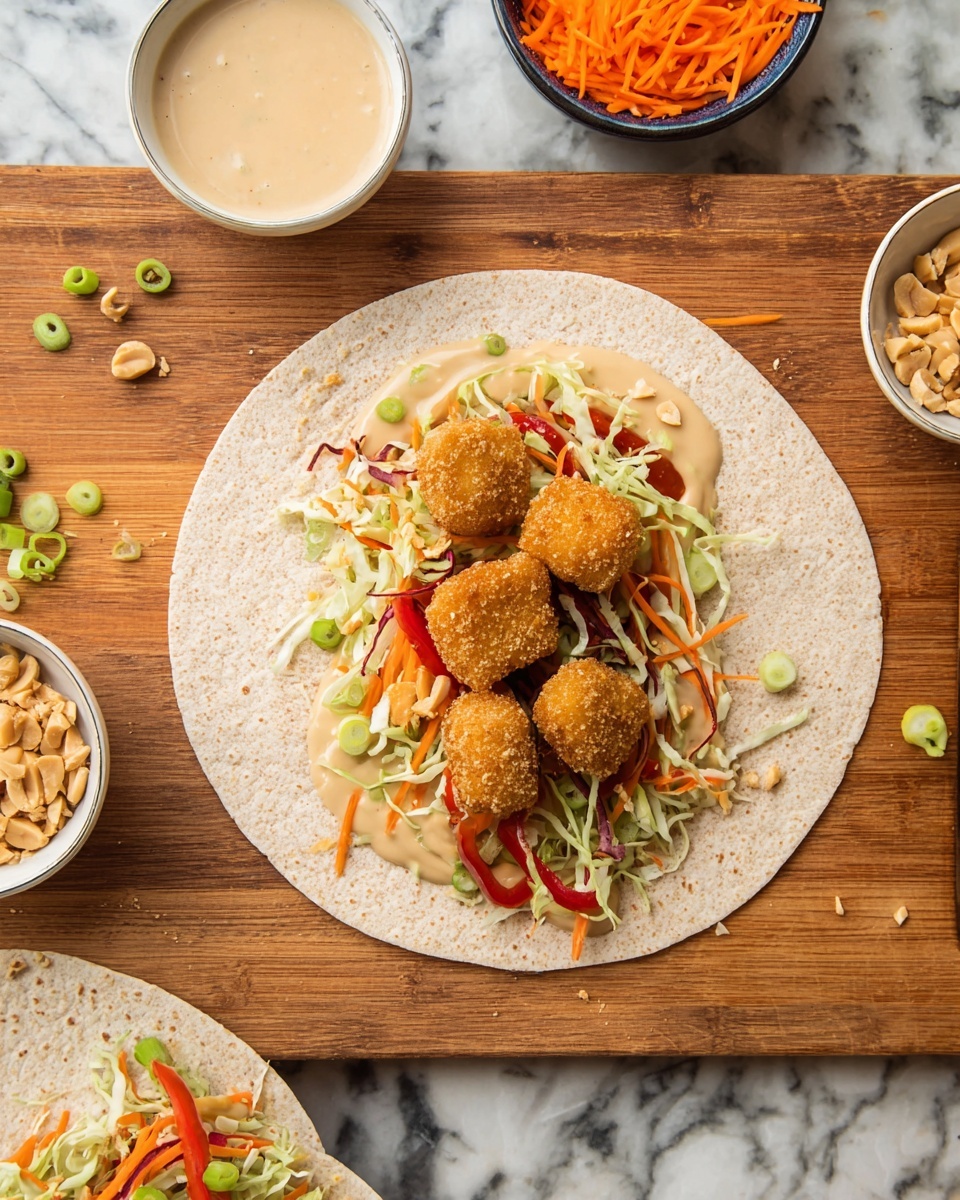 A large round whole wheat tortilla lies flat on a wooden board with a white marbled background. The first layer inside the tortilla is a smooth, light beige sauce spread in an oval shape. On top of the sauce, there is a mix of shredded green cabbage, thin orange carrot sticks, and red bell pepper strips, all topped with sliced green onions. Four golden brown rectangular nuggets are placed evenly on top of the vegetables. Small pieces of chopped peanuts are sprinkled over everything, adding texture. Around the board, small white bowls hold extra ingredients, including shredded carrot, chopped peanuts, and a creamy light beige sauce. A wrapped tortilla filled with similar contents is partially visible at the board’s edge. Photo taken with an iphone --ar 4:5 --v 7