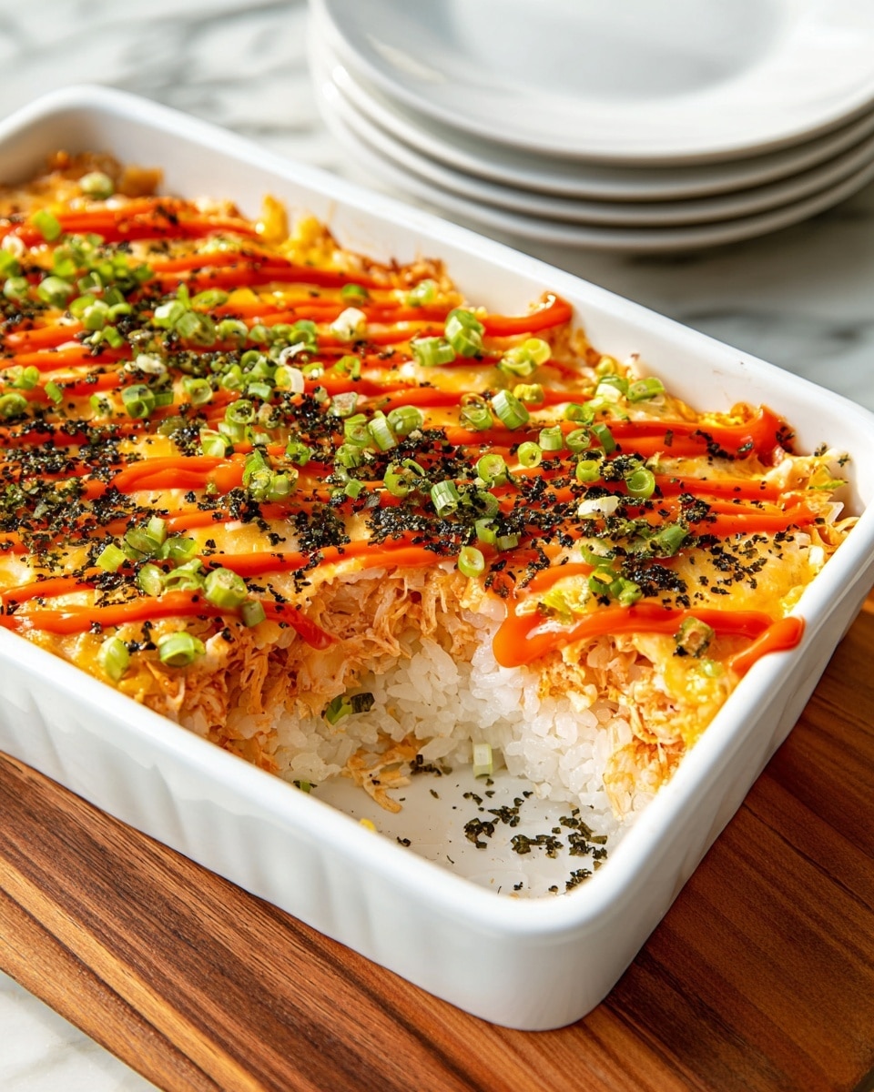 A white rectangular dish filled with a layered baked meal is shown, with a corner scooped out revealing three layers: a bottom layer of steamed white rice with a soft and slightly sticky texture, a middle layer of mixed shredded ingredients with light orange and off-white hues, and a top layer covered in melted cheese drizzled with vivid orange and red sauce in thin stripes. The top is sprinkled with finely chopped green onions and small black crumbs, adding a fresh and textured look. The dish sits on a wooden board, and in the background, there is a stack of white plates on a white marbled surface. Photo taken with an iphone --ar 4:5 --v 7