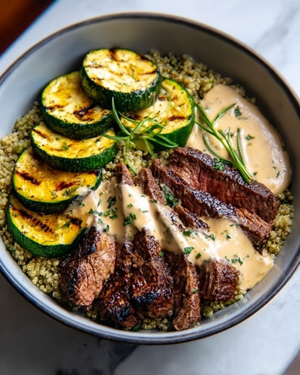 A white bowl on a white marbled surface holds a colorful meal with three main layers. The bottom layer is greenish quinoa with a slightly grainy texture. On top, on the left side, are thick slices of grilled zucchini with dark grill marks and shades of green and yellow. On the right side, there are slices of cooked steak, seared dark brown on the edges and medium brown inside, covered with creamy light beige sauce that has small green herbs sprinkled on it. A small green herb sprig lies on the steak near the sauce, adding a fresh touch. Photo taken with an iphone --ar 4:5 --v 7