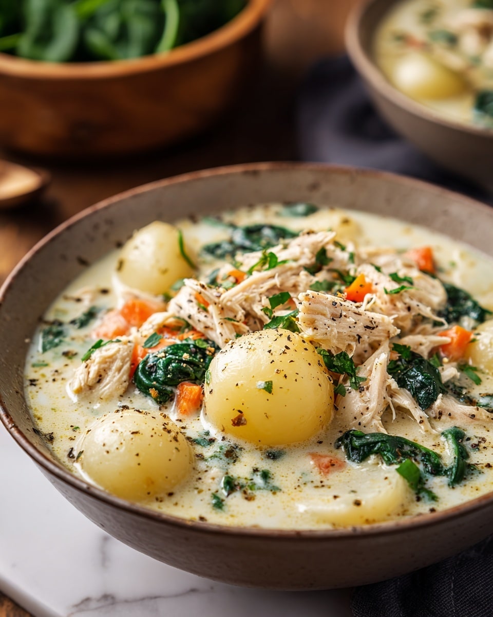 The image shows a bowl of creamy chicken soup with three main layers visible: the base layer is a thick creamy white broth; the middle layer has small light yellow potato balls that look soft, and bright green cooked spinach leaves scattered around; the top layer has shredded chicken pieces mixed with small orange carrot chunks, all sprinkled with black pepper and chopped green herbs. The soup is served in a deep white bowl placed on a white marbled surface, with a wooden bowl of spinach in the blurred background; a woman's hand is holding the bowl from the side. photo taken with an iphone --ar 4:5 --v 7