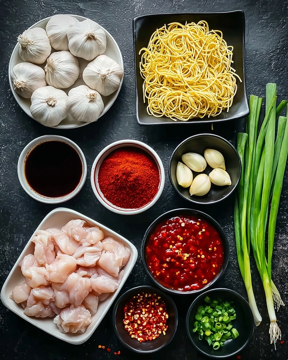 The image shows a top-down view of various cooking ingredients neatly arranged on a dark surface. Starting from the top left, there is a white plate filled with whole garlic bulbs and next to it a black square plate with yellow uncooked noodles. To the right is another black plate holding peeled garlic cloves. Below and toward the center, a small white bowl filled with bright red chili powder is placed near a dark bowl with a shiny dark brown liquid. Towards the bottom, a black bowl contains a chunky bright red sauce with visible chili flakes. In the middle foreground, a white rectangular dish holds pieces of light pink raw chicken. To the right of that, a small bowl is filled with finely textured red chili flakes, beside a bunch of fresh green onions lying on the surface with some chopped green onion pieces close by. Photo taken with an iphone --ar 4:5 --v 7