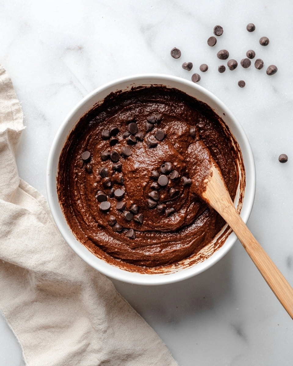 The image shows a white bowl filled with thick, dark brown chocolate batter mixed with small chocolate chips scattered over the top layer. A wooden spatula is partly dipped into the batter on the right side of the bowl, showing the smooth and rich texture of the mixture. The bowl is placed on a white marbled surface with a light beige cloth nearby, and a few chocolate chips are scattered around the bowl. The scene looks bright and simple, focusing on the chocolate batter in the bowl. photo taken with an iphone --ar 4:5 --v 7